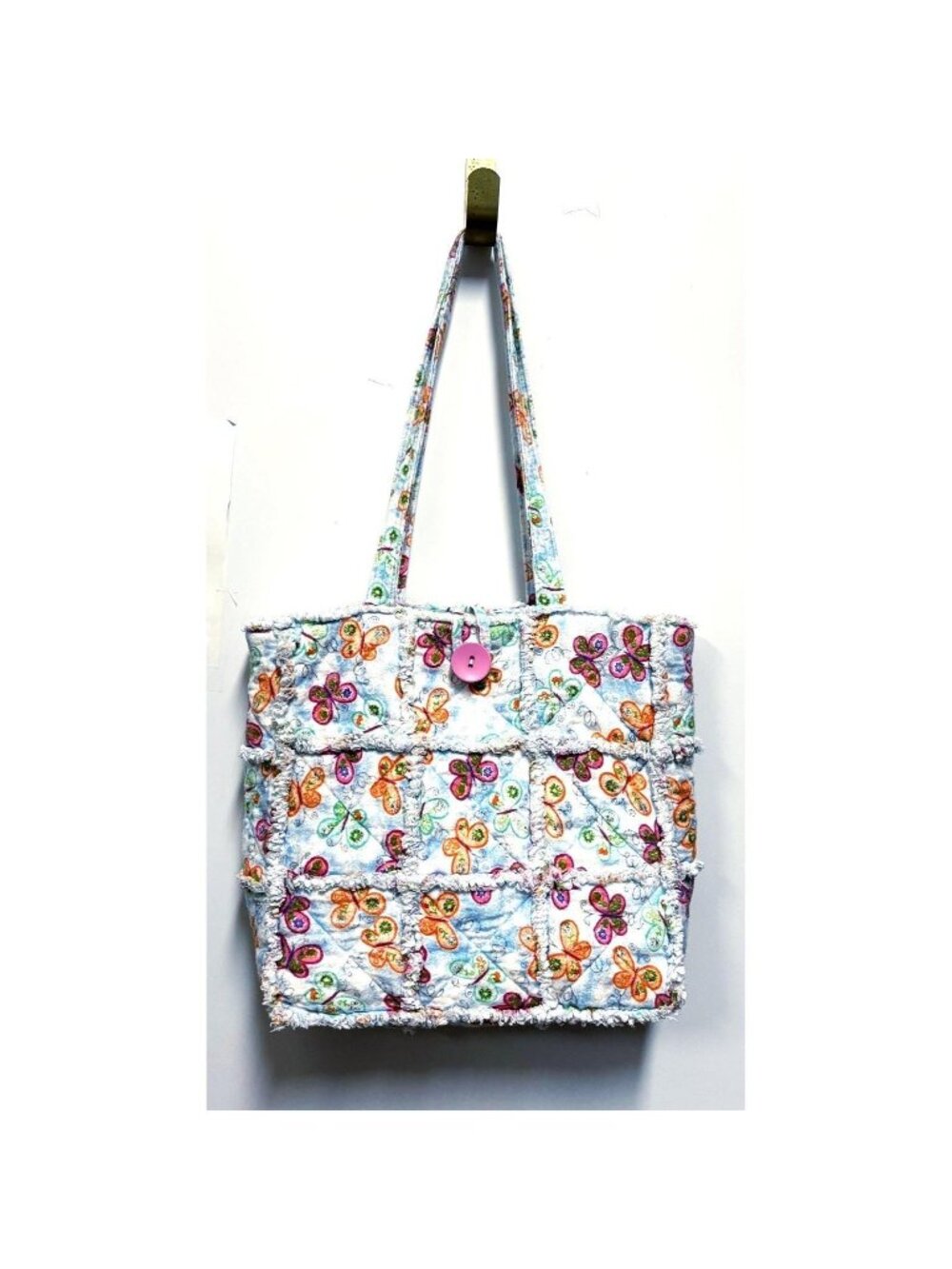 Rag Tote Bag Handmade Handbag Diaper Bag Blue Butterflies Lined New